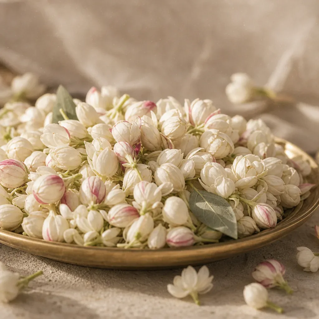 Fresh mogra buds in a brass plate